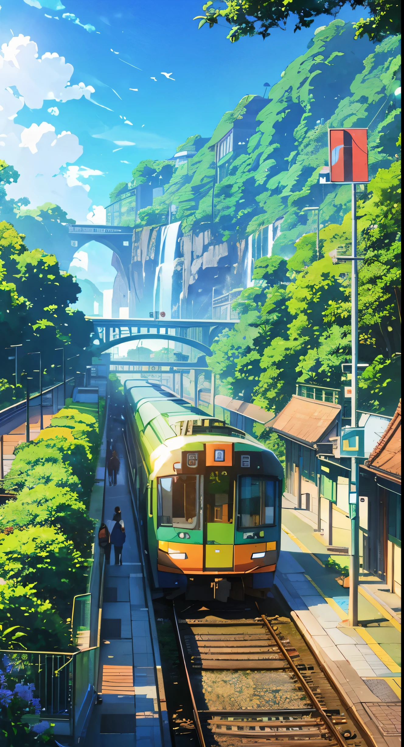anime inspired railway station with bright blue sky and greenery place