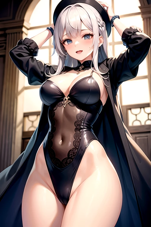 Seios grandes e em foco, roupa branca e azul, cabelo loiro, sexual expression
