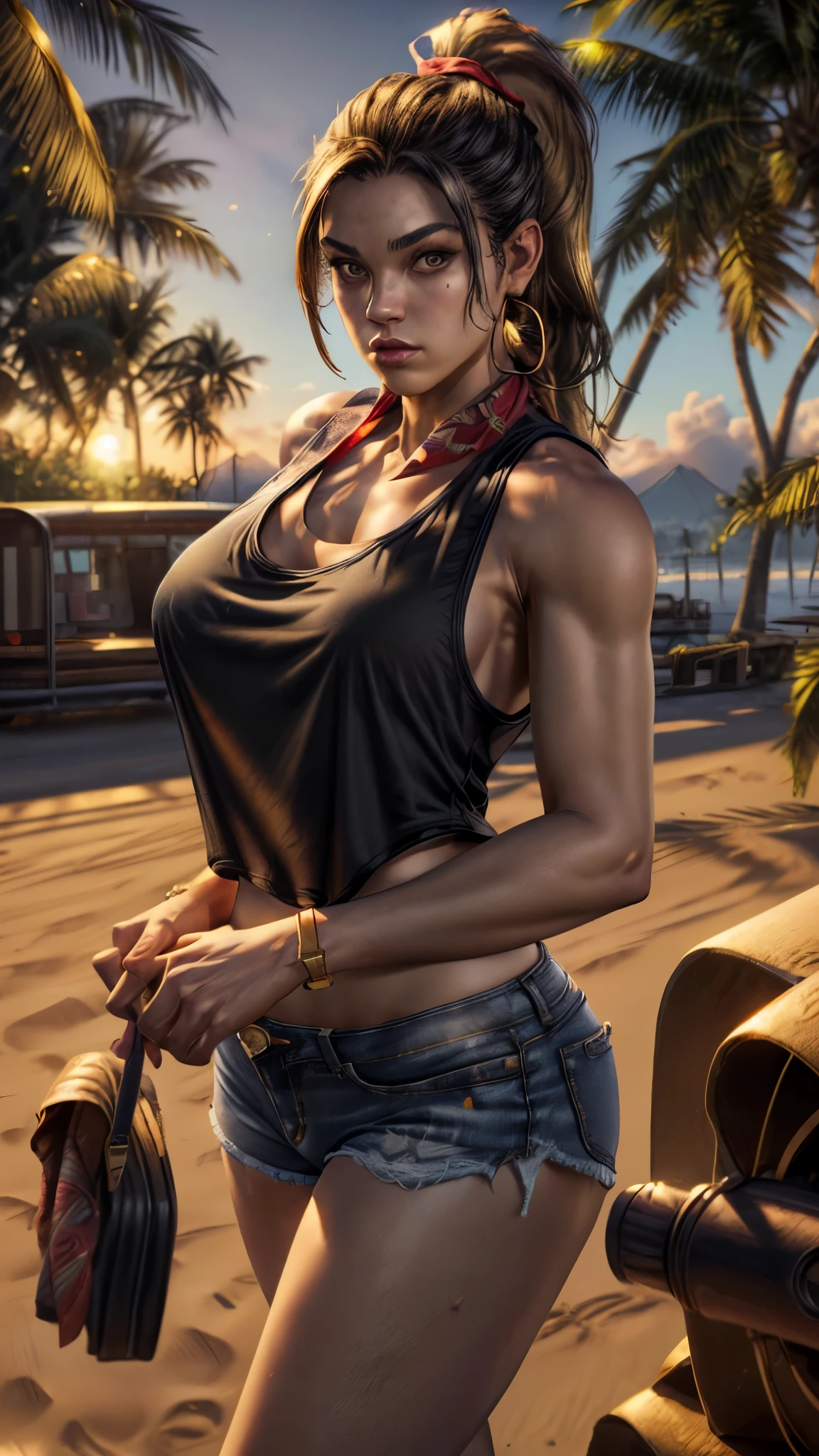 8k uhd, dslr, high quality,  (ultra realistic,32k, masterpiece:1.1),(detailed skin), (golden hour:1.1) octane render,gtluc ,a woman, (black tank shirt:1.3), ponytail, red bandana, denim shorts, (looking at viewer),miami,trees,palms,beach, Large breasts, thick thighs 