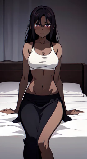 In the dimly lit room, an anime-style depiction of a dark-skinned girl lies in agony on her bed. Her lithe figure is clad in a cami crop top that exposes her slim, starved stomach, the ribs beneath visible through the thin fabric. Her long skirt hangs loosely around her, undisturbed by any movement. The girl's expression is one of immense pain and suffering, her large, expressive eyes filled with anguish and despair. Her dark hair falls around her face in loose waves, a stark contrast to her pale complexion. Her hands cradle her abdomen, fingers digging gently into her skin as if trying to ease the pain