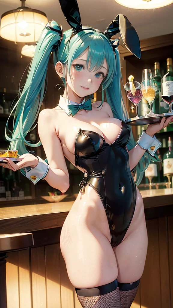 Super detailed, NSFW, masterpiece, High resolution, perfect lighting, (((1 girl, perfect anatomy, five fingers, perfect style))), hatsune miku, 3d face, big light blue-green eyes, glossy lips, blue-green long hair, shiny skin, smile, big breasts, (((twin tails))), big square hair accessories, (((Playboy Bunny Girl, High-cut leotards, a bow tie, Cuffs, Wearing fishnet stockings, Black rabbit ears, Bunny tail, Have a tray of liquor, Lively bar at night,