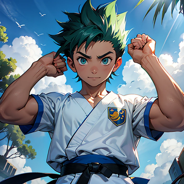 1 hombre, chico, adolescente tonificado, esbelto, Digimon, Digimon tamers, Henry wong, lee jianliang, pelo corto peliazul, ojiazul, alto, fornido, athletic, karate, casaca abierta, pecho expuesto ,sudor, rubor, brazos en cintura, camera from below, viendo a la camara, sonrisa de lado, HD, full color, perfect face, muy detallado, fondo dojo, colores Verdes.
