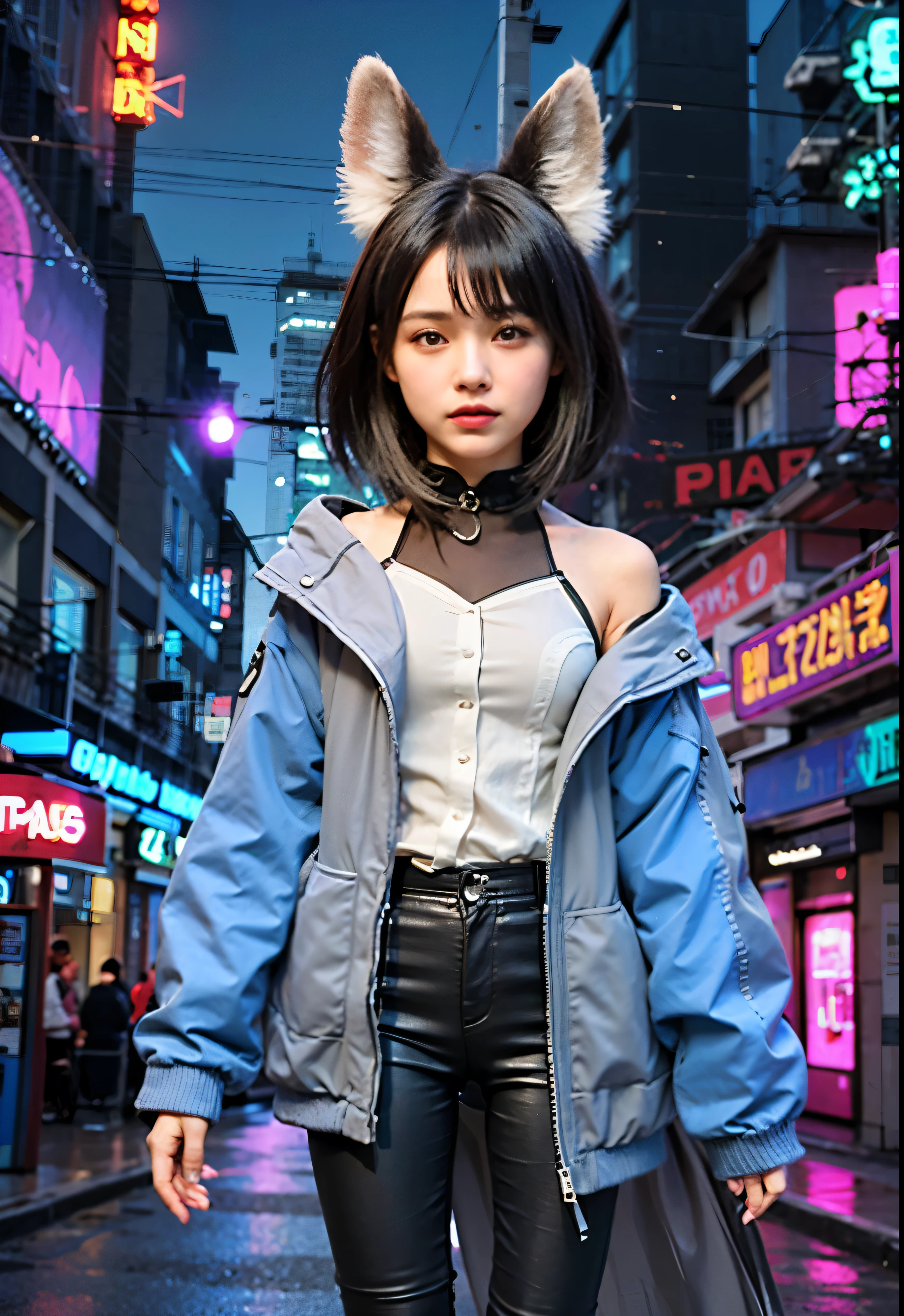 garota com uma espartilho cinza sobre uma regata preta transparente, gray and blue jacket and black leather pants standing in a city, olhos azuis, sorriso modesto, cabelos pretos. 8k, hiperrealista, Ciberpunk, cabelos curtos, orelhas de raposa, foto realista 4k, vestindo roupas Ciberpunk. Realista, mais detalhes, Antecedentes ciberpunk, Os 70 mm