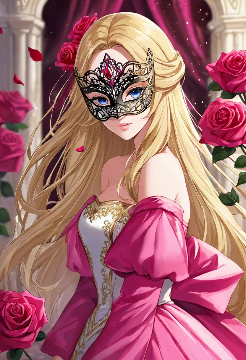 1 femme, longs cheveux blonds, yeux roses, eyes behind a mask, robe de bal rose, Princesse,best quality work