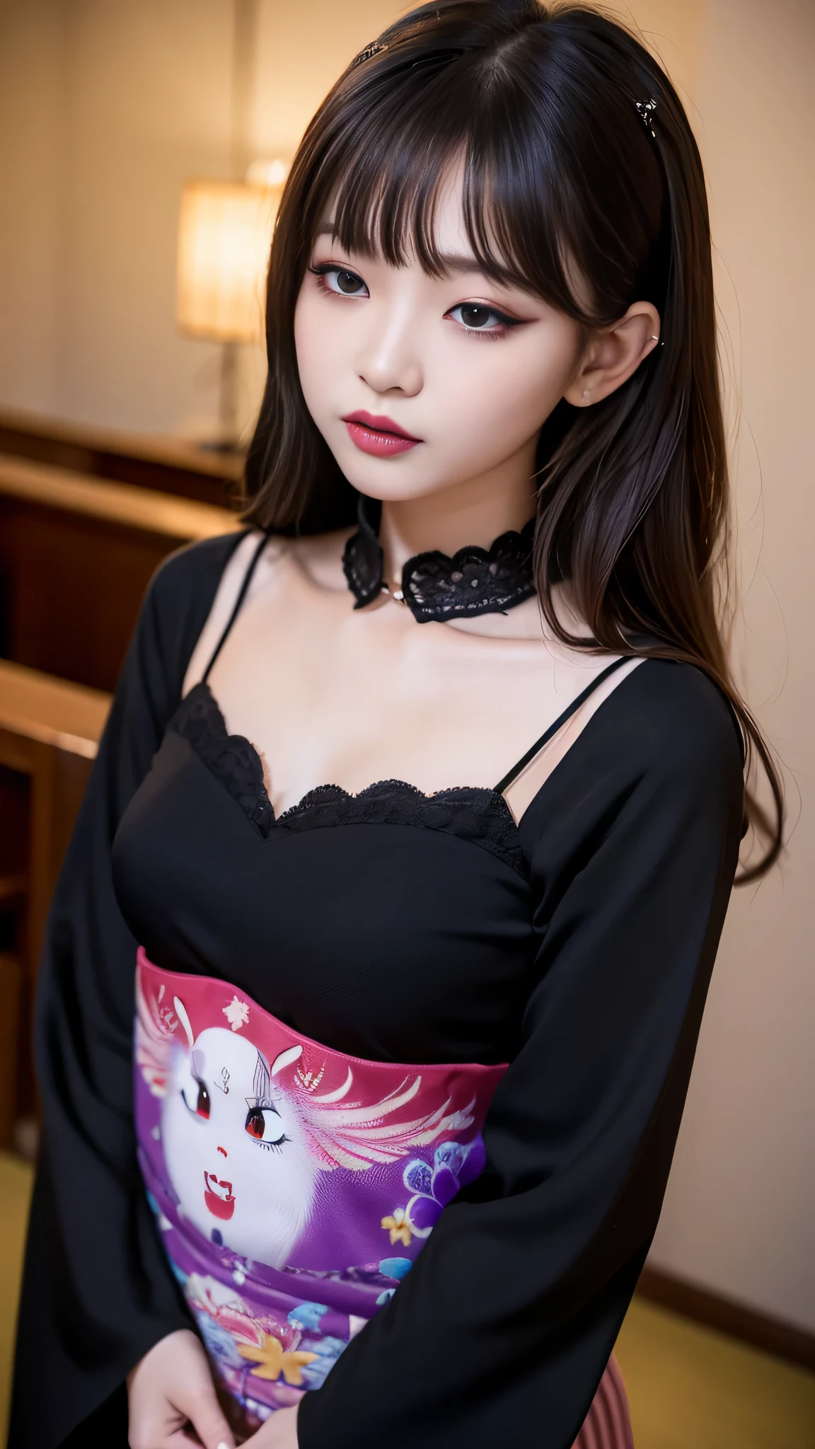 tra-detailed、Japanese、Attractive beauty、seductive adult woman、Pretty Woman、cool girl、brown hair、wavy hair、swept bangs、piercing eyes、hollow eyes、half-closed eyes、Hollow Eyes、Purple Eyeshadow、black lipstick、black lip gloss、dark makeup、smirk、Whisper in my ear、Evil expression、Long Black Cheongsam、Wide sleeves、Evil cadres、Fallen into evil、brainwash、mind control、evil、Church at night、Swear allegiance、