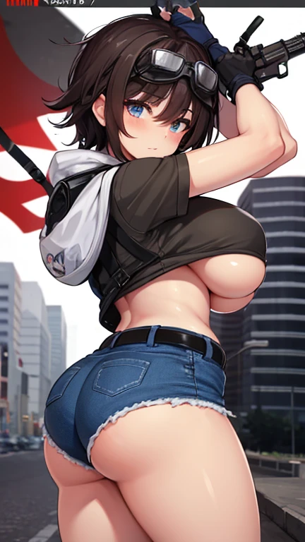 solo thick figure thick thighs size huge breast size fat ass blue eyes tan skin girl short dark brown messy hair wear fingerless gloves wear short crop top hoodie wear short crop jean ripped wear holster wear black stocking holding a rifle on hands wear tactical backpack wear tactical goggle on head