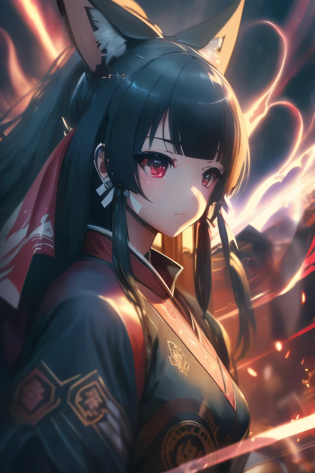 (best quality,highres:1.2), detailed fantasy art, serious expression, robot-like eyes, fighting stance, yae kokonoe, isekai ea smartphone to tomo ni, in another world whit my smartphone, el cabello es negro, los ojos son de robot, detailed fantasy art, postura de lucha, cuerpo completo, red lens flare, It&#39;s night and there is black lightning in the sky