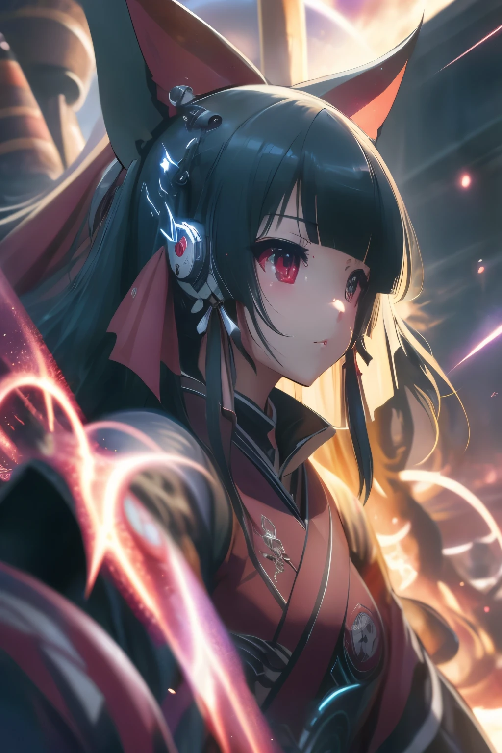 (best quality,highres:1.2), detailed fantasy art, serious expression, robot-like eyes, fighting stance, yae kokonoe, isekai ea smartphone to tomo ni, in another world whit my smartphone, el cabello es negro, los ojos son de robot, detailed fantasy art, postura de lucha, cuerpo completo, red lens flare, It&#39;s night and there is black lightning in the sky