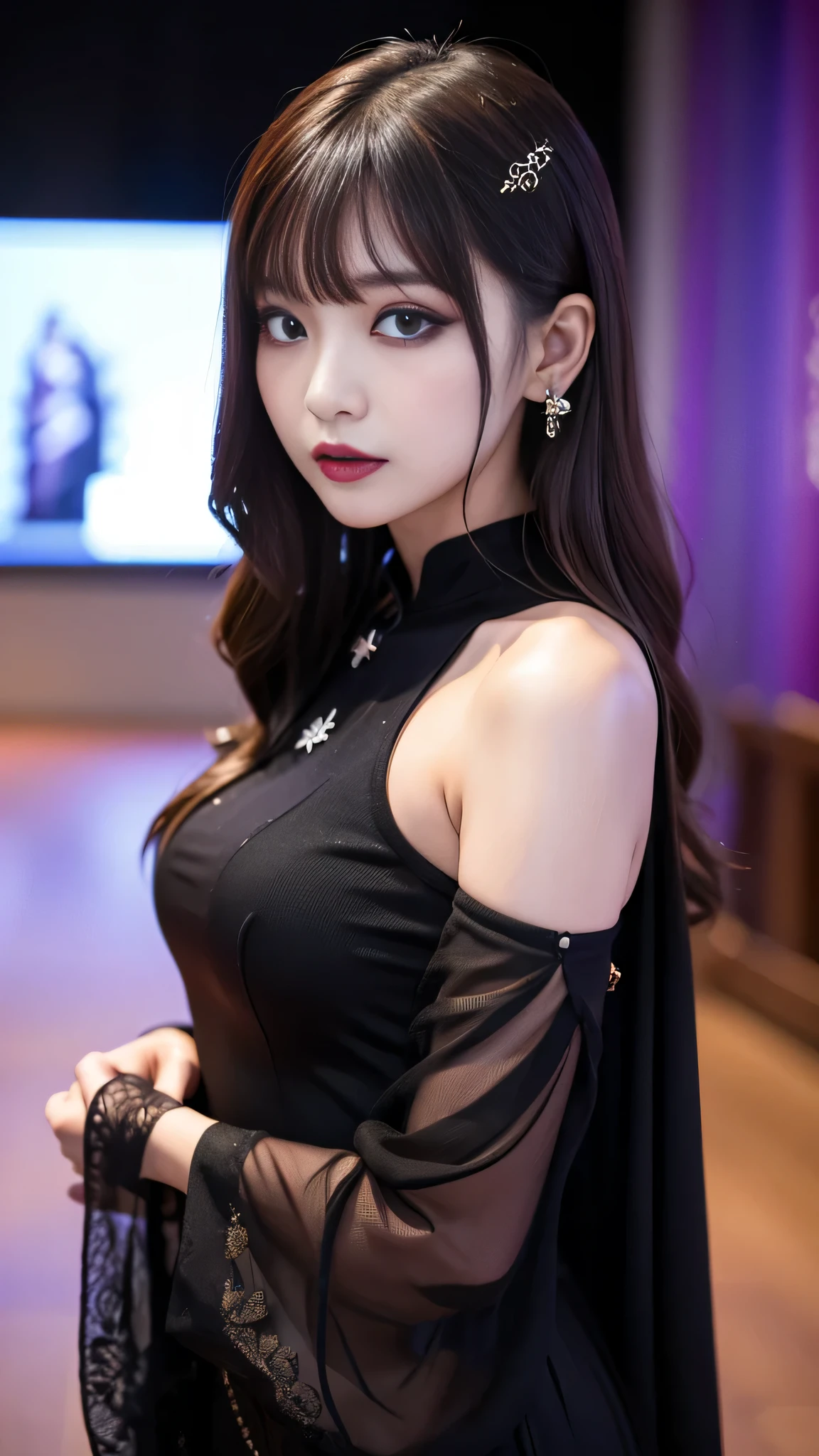 tra-detailed、Japanese、Attractive beauty、seductive adult woman、Pretty Woman、cool girl、brown hair、wavy hair、swept bangs、piercing eyes、hollow eyes、half-closed eyes、Hollow Eyes、Purple Eyeshadow、black lipstick、black lip gloss、dark makeup、smirk、Whisper in my ear、Evil expression、Long Black Cheongsam、Wide sleeves、Evil cadres、Fallen into evil、brainwash、mind control、evil、Church at night、Swear allegiance、