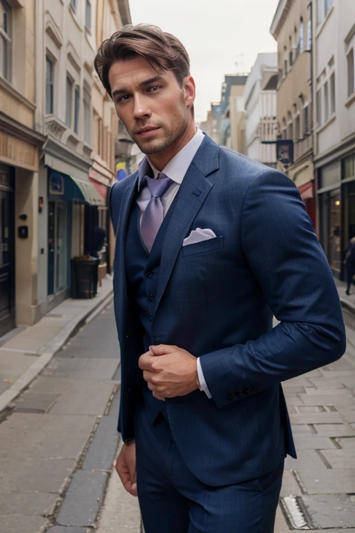 (best quality,8k,realistic),handsome man,male,blue eyes,brown hair,nice muscles, with a suit in the street