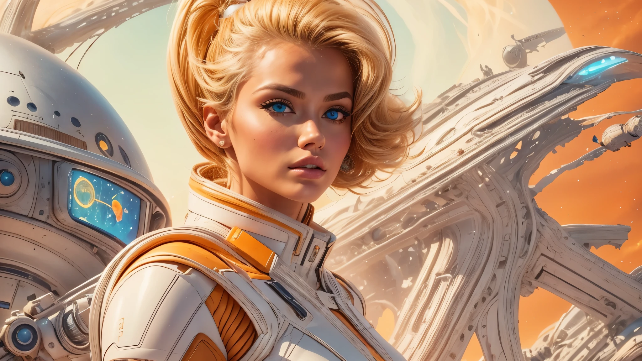 arafed image of a white woman in a futuristic suit with a spaceship in the background, movie art, in front of an orange background, inspired by Robert McGinnis, female protagonist, megastructure in the background, portrait of an ai astronaut, astronauts, an astronaut, portrait of a astronaut skeletor, perfect android girl, detailed eyes, frank franzzeta and sakimichan