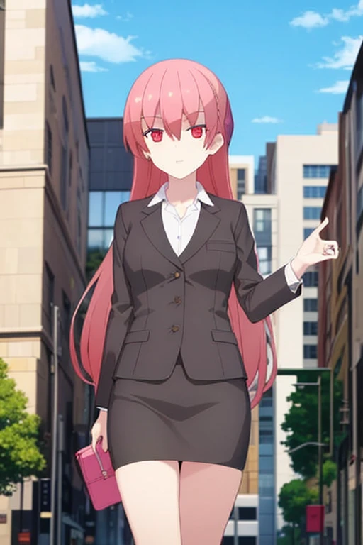 1girl, tsukasa tsukuyomi, suit, office lady, black skirt, black blazer, pencil skirt, white shirt, collared shirt, long hair, teenager, looking at viewer, full body