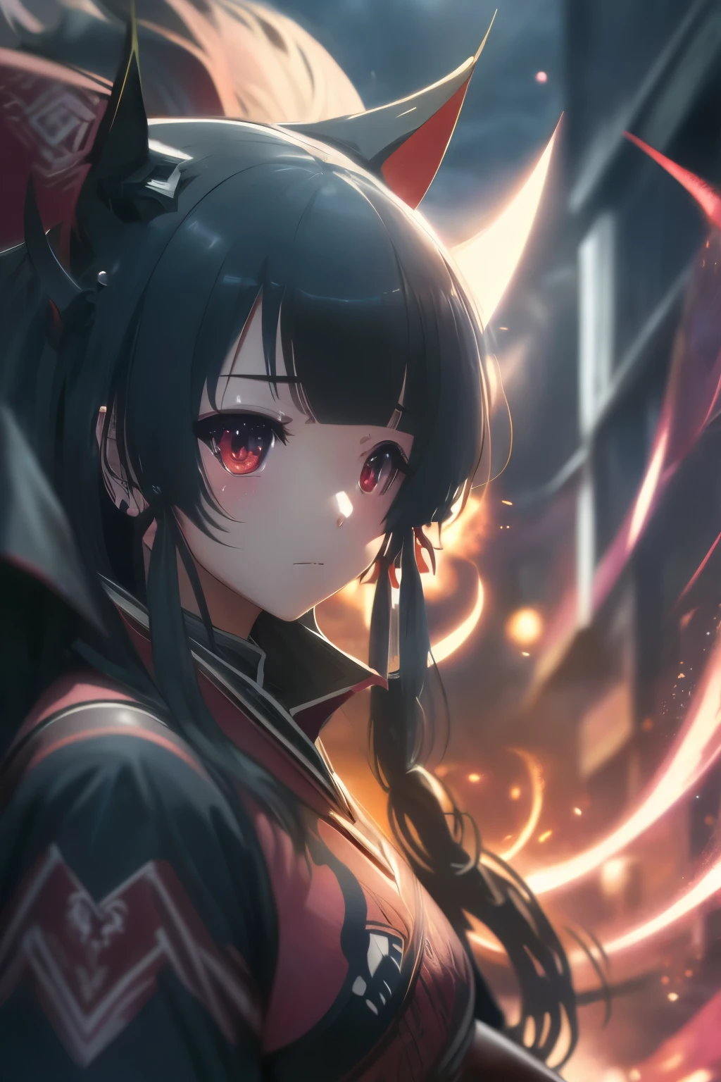 (best quality,highres:1.2), detailed fantasy art, serious expression, robot-like eyes, fighting stance, yae kokonoe, isekai ea smartphone to tomo ni, in another world whit my smartphone, el cabello es negro, los ojos son de robot, detailed fantasy art, postura de lucha, cuerpo completo, red lens flare, It&#39;s night and there is black lightning in the sky