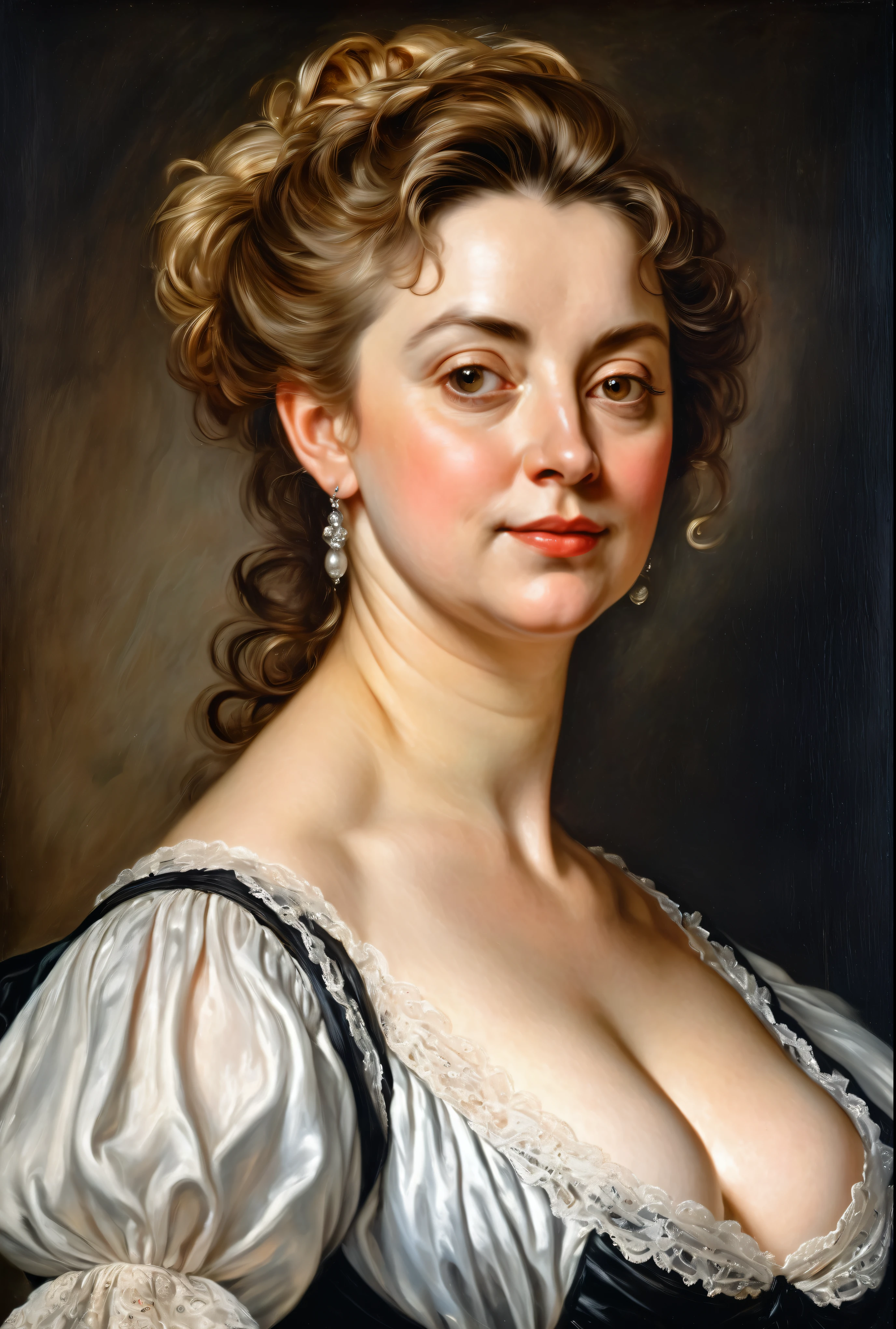 portrait painting of a thick Beautiful middle aged woman, extremely gorgeous, wearing a Victorian Camisole dress or chemise, by Peter Paul Rubens, in Peter Paul Rubens style, by Caravaggio, intricate, flawless, masterpiece, Best quality,