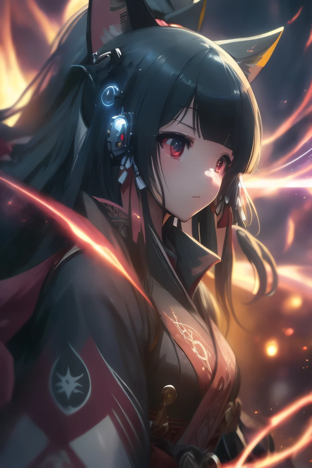 (best quality,highres:1.2), detailed fantasy art, serious expression, robot-like eyes, fighting stance, yae kokonoe, isekai ea smartphone to tomo ni, in another world whit my smartphone, el cabello es negro, los ojos son de robot, detailed fantasy art, postura de lucha, cuerpo completo, red lens flare, It&#39;s night and there is black lightning in the sky