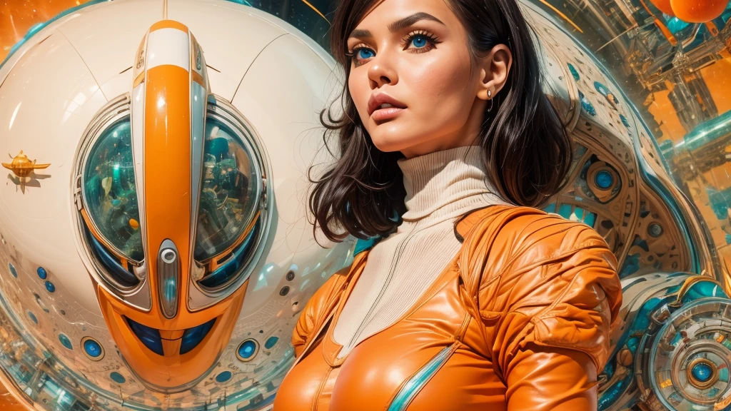 arafed image of a white woman in a futuristic suit with a spaceship in the background, movie art, in front of an orange background, inspired by Robert McGinnis, female protagonist, megastructure in the background, portrait of an ai astronaut, astronauts, an astronaut, portrait of a astronaut skeletor, perfect android girl, detailed eyes, frank franzzeta and sakimichan