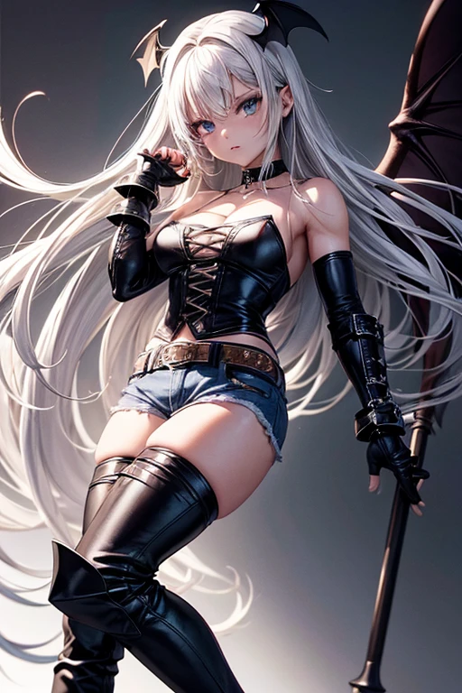 me gere uma imagem de uma garota demonio de cabelo curto branco , wearing gothic clothes and platform boots, em estilo anime, make her have gray skin, bat wings plus I want her to wear denim shorts with a leather belt and chains attached to it. I also want her to wear a spiked choker and a leather jacket with a black top. I want her to have black steel gauntlets and be a little muscular