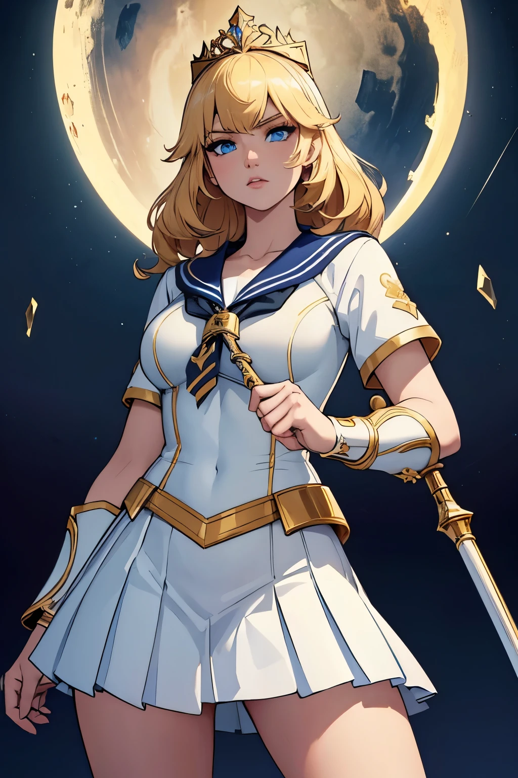 female warrior wearing a white and gold sailor-inspired outfit. The outfit should have a short white pleated skirt, a white leotard with gold trim and a gold tiara with a crescent moon symbol. The warrior should have long blonde hair, blue eyes and be holding a silver staff with a glowing crystal on top. She should be standing on a crescent moon with a starry background, ((hyperdetailed)), ((masterpiece)), phenomenal, ((ultimate quality)), 16K, UHD, HDR, ((epic)), ((dramatic)), ((((cinematic))))