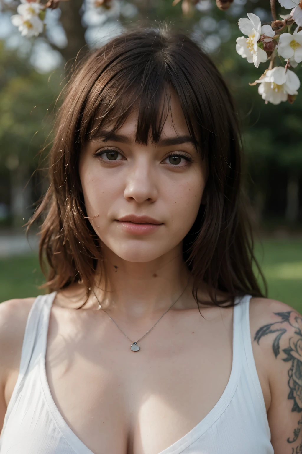 close-up of a man with a tattoo on his chest, Realistically A  girl, white verry long hair with bangs, black strands of hair, violet eyes, white T-shirt and white cape, very huge tits, pendant around the neck. extra high resolution.photo-realistic:1.4,UHD.  Realistic，High resolution without, Masterpiece, Best Quality, Ultra-detailed, better shadow, voluminous lighting), Super High Quality, High Resolution, 8K, Hyper-realistic portrait , photorealestic, dinamic lighting, voluminous lighting, Very Detailed Faces, Cherry tree tattoo on shoulder, shadow near the nose