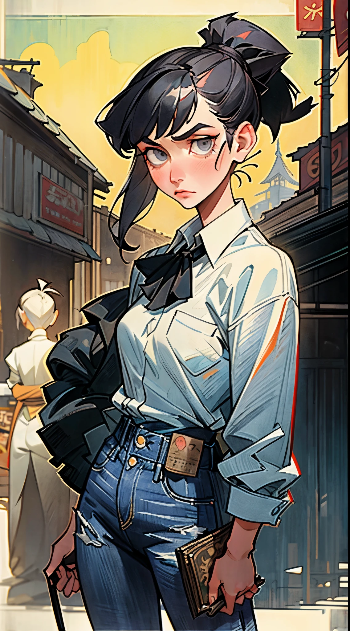 Character art of a woman in a city, grey eyes, black ponytail hair, white shirt, jeans, lovely, 8k resolution art, accurate features, lovely, art of Michael Carson, Mead Schaeffer, James Abbott McNeill Whistler, Jeff Lemire, Jessie Willcox Smith, John Lavery, Joseph Lorusso, Kelly Mckernan