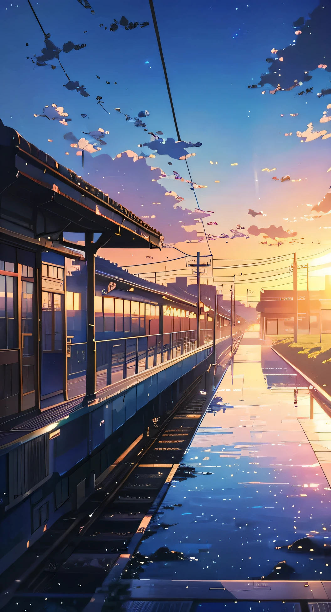 there is a train station with a train coming up the tracks, beautiful anime scene, kyoto animation still, beautiful anime scenery, colorful anime movie background, train station background, anime scenery, anime scenery concept art, anime movie background, ( ( makoto shinkai ) ), anime background art, anime beautiful peace scene, your name movie style, in style of makoto shinkai, bright blue day sky