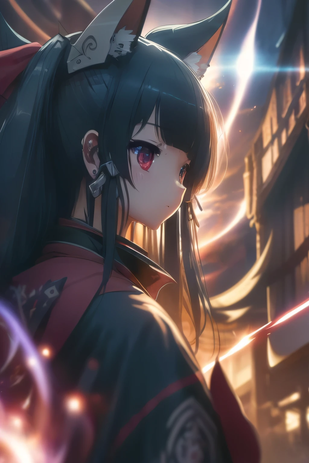 (best quality,highres:1.2), detailed fantasy art, serious expression, robot-like eyes, fighting stance, yae kokonoe, isekai ea smartphone to tomo ni, in another world whit my smartphone, el cabello es negro, los ojos son de robot, detailed fantasy art, postura de lucha, cuerpo completo, red lens flare, It&#39;s night and there is black lightning in the sky