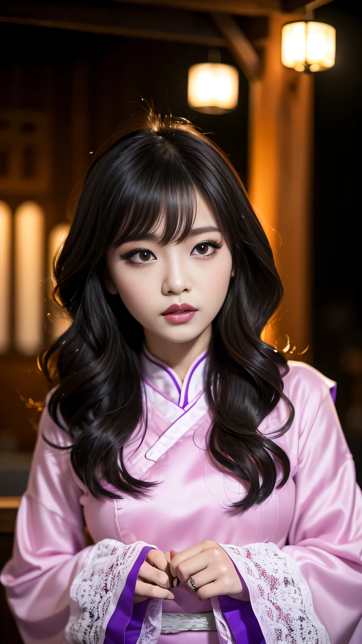 tra-detailed、Japanese、Attractive beauty、seductive adult woman、Pretty Woman、cool girl、brown hair、wavy hair、swept bangs、piercing eyes、hollow eyes、half-closed eyes、Hollow Eyes、Purple Eyeshadow、black lipstick、black lip gloss、dark makeup、smirk、Whisper in my ear、Evil expression、Long Black Cheongsam、Wide sleeves、Evil cadres、Fallen into evil、brainwash、mind control、evil、Church at night、Swear allegiance、