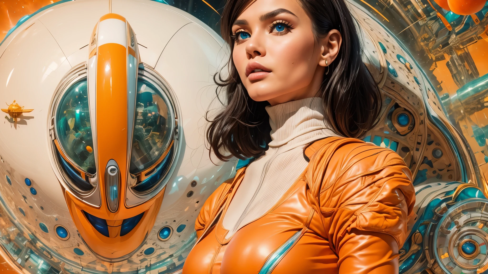 arafed image of a white woman in a futuristic suit with a spaceship in the background, movie art, in front of an orange background, inspired by Robert McGinnis, female protagonist, megastructure in the background, portrait of an ai astronaut, astronauts, an astronaut, portrait of a astronaut skeletor, perfect android girl, detailed eyes, frank franzzeta and sakimichan