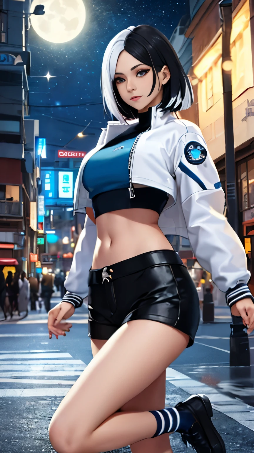 (Highly quality, masterpiece, detailed), night snowing city detailed scenario, night snowing city detailed background, 20 years old girl, solo, luna_snow, black hair, white hair, multi-colored hair, short hair, blue eyes, white eyes, multicolored eyes, black Leather crop top jacket, white leather shorts, white midriff, blue midriff, multicolored midriff, black footwear, white socks, blue socks, navel, perfect face, beautiful eyes, looking at the viewer, Sexy pose