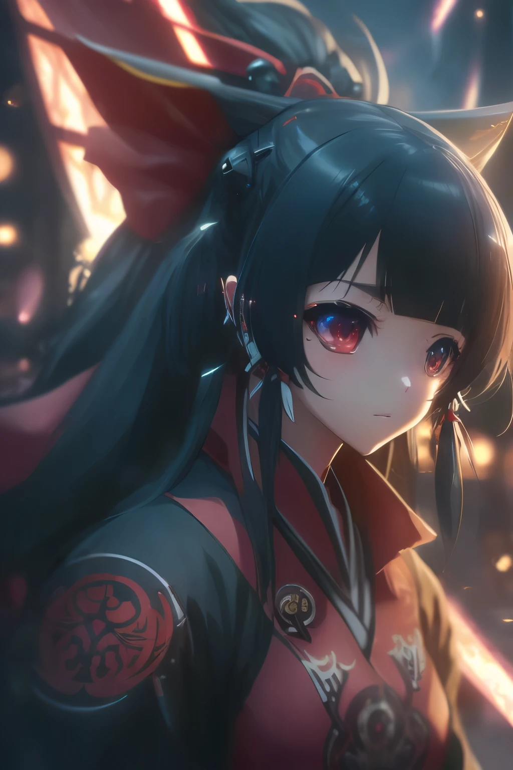 (best quality,highres:1.2), detailed fantasy art, serious expression, robot-like eyes, fighting stance, yae kokonoe, isekai ea smartphone to tomo ni, in another world whit my smartphone, el cabello es negro, los ojos son de robot, detailed fantasy art, postura de lucha, cuerpo completo, red lens flare, It&#39;s night and there is black lightning in the sky