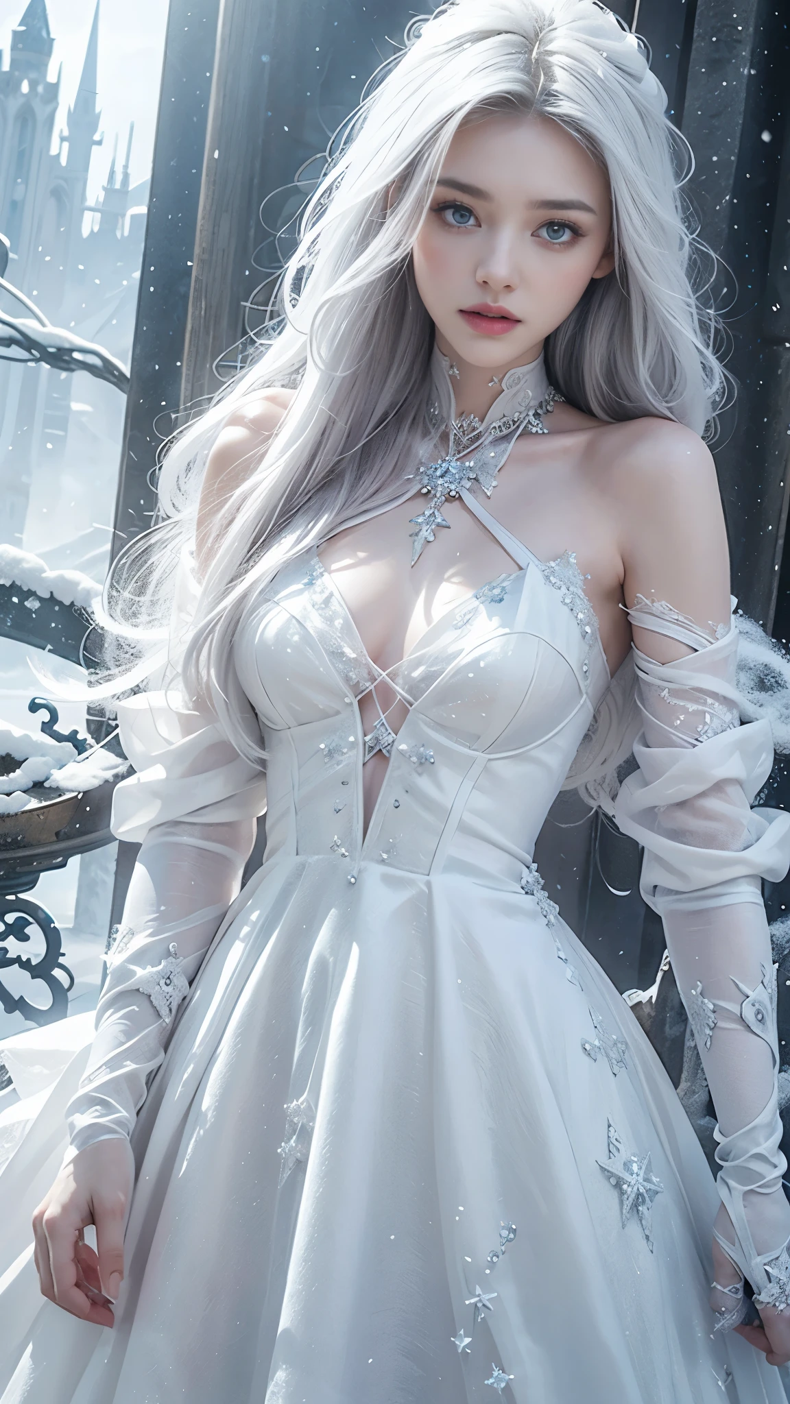 a beautiful ice goddess, good face, very long hair, realistic eyes, small breasts, ice magician, ice elemental, intricate design and details, chilling mist, cold, blizzard storm, conjuring ice spell, casting ice spell, fantasy dress, (white fantasy dress:1.5), strap:1.5, bare waist, realistic ice effect, snow particles, dark fantasy art style, ruined city, dramatic lighting, cinematic,