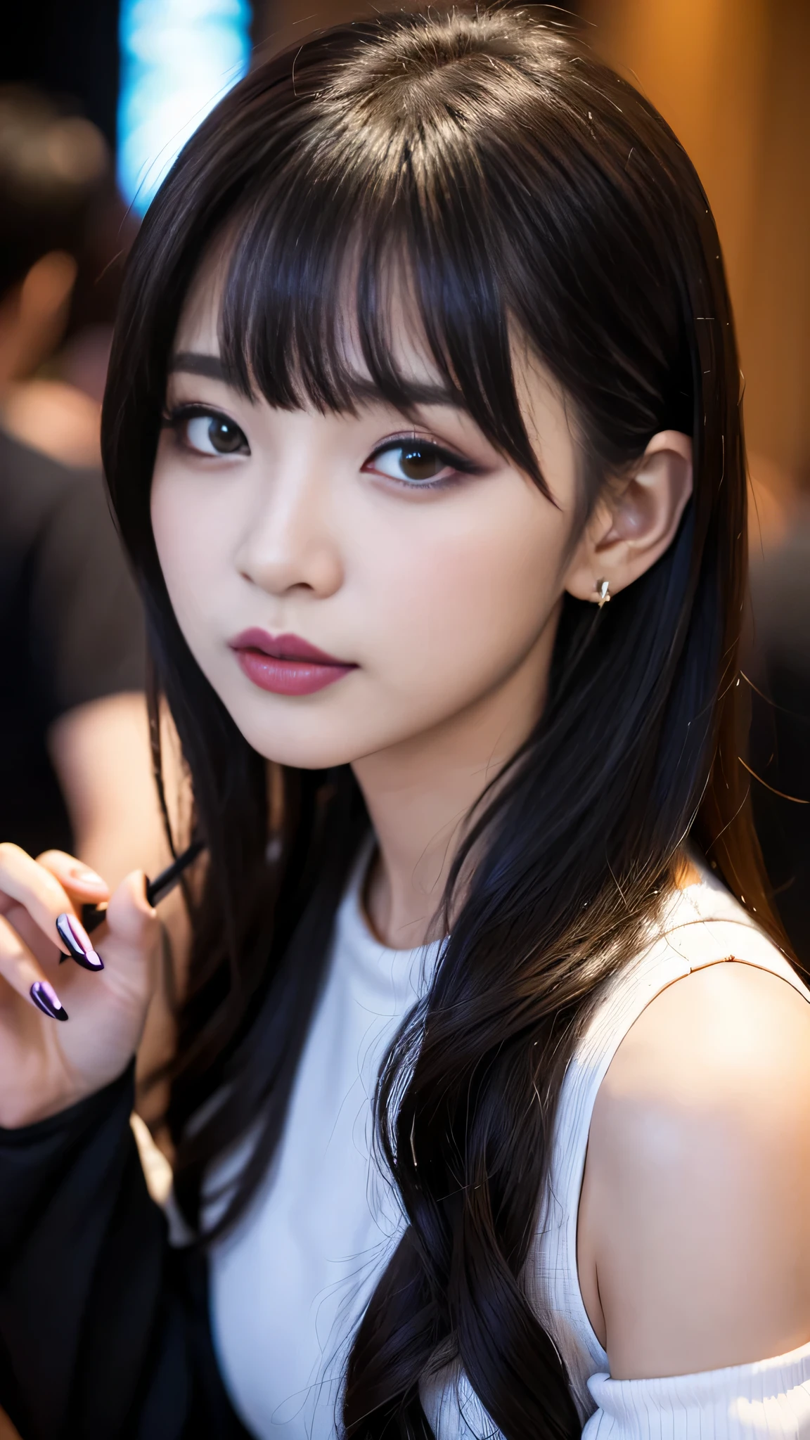 tra-detailed、Japanese、Attractive beauty、seductive adult woman、Pretty Woman、cool girl、brown hair、wavy hair、swept bangs、piercing eyes、hollow eyes、half-closed eyes、Hollow Eyes、Purple Eyeshadow、black lipstick、black lip gloss、dark makeup、smirk、Whisper in my ear、Evil expression、Long Black Cheongsam、Wide sleeves、Evil cadres、Fallen into evil、brainwash、mind control、evil、Church at night、Swear allegiance、