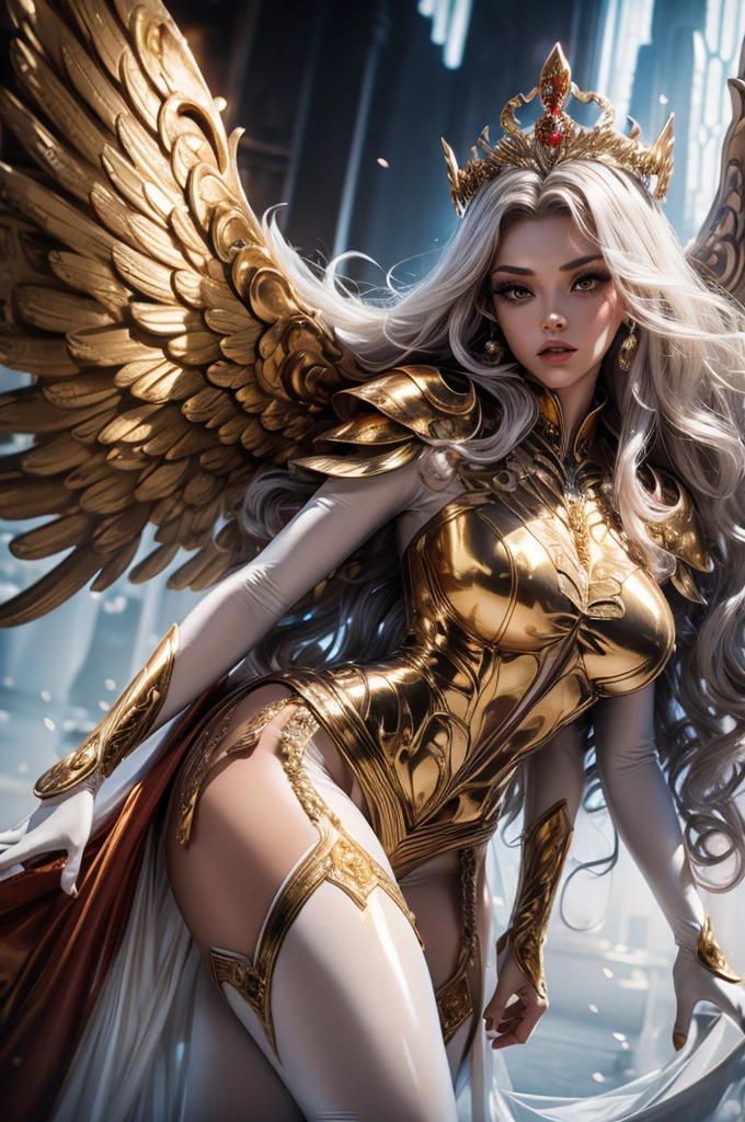 Best quality, 8K,woman vintage super hero, beautiful and detailed face, red curly long hair,gold tiara, big eyelashes,big angel´s wings,LOOKING TO observer,silver metalic armour over bodystocking, SHINY GLOSSY PANTYHOSE,armlets,black belt,over the knee boots,white neutral scenario, dynamic angle