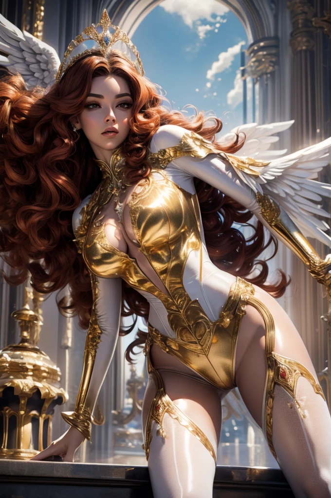 Best quality, 8K,woman vintage super hero, beautiful and detailed face, red curly long hair,gold tiara, big eyelashes,big angel´s wings,LOOKING TO observer,silver metalic armour over bodystocking, SHINY GLOSSY PANTYHOSE,armlets,black belt,over the knee boots,white neutral scenario, dynamic angle