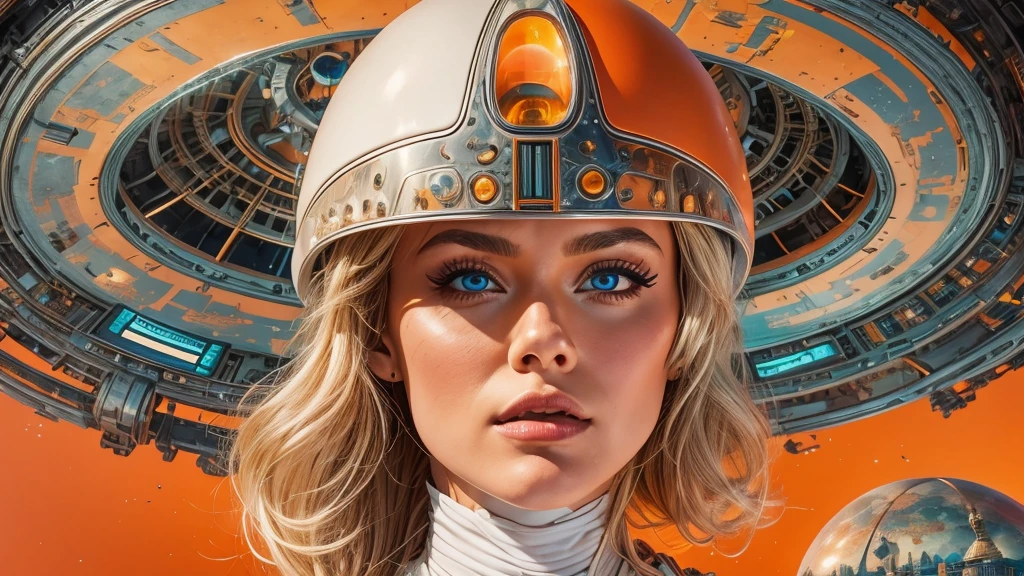 arafed image of a white woman in a futuristic suit with a spaceship in the background, movie art, in front of an orange background, inspired by Robert McGinnis, female protagonist, megastructure in the background, portrait of an ai astronaut, astronauts, an astronaut, portrait of a astronaut skeletor, perfect android girl, detailed eyes, frank franzzeta and sakimichan