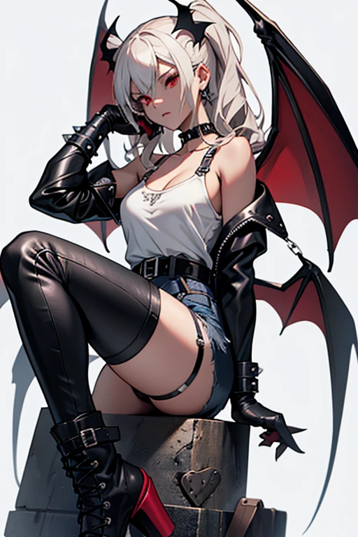 me gere uma imagem de uma garota demonio de cabelo curto branco , wearing gothic clothes and platform boots, em estilo anime, make her have gray skin and red eyes, bat wings plus I want her to wear black denim shorts with a leather belt and chains attached to it. I also want her to wear a spiked choker and a leather jacket with a black top. I want her to have black steel gauntlets and be a little muscular