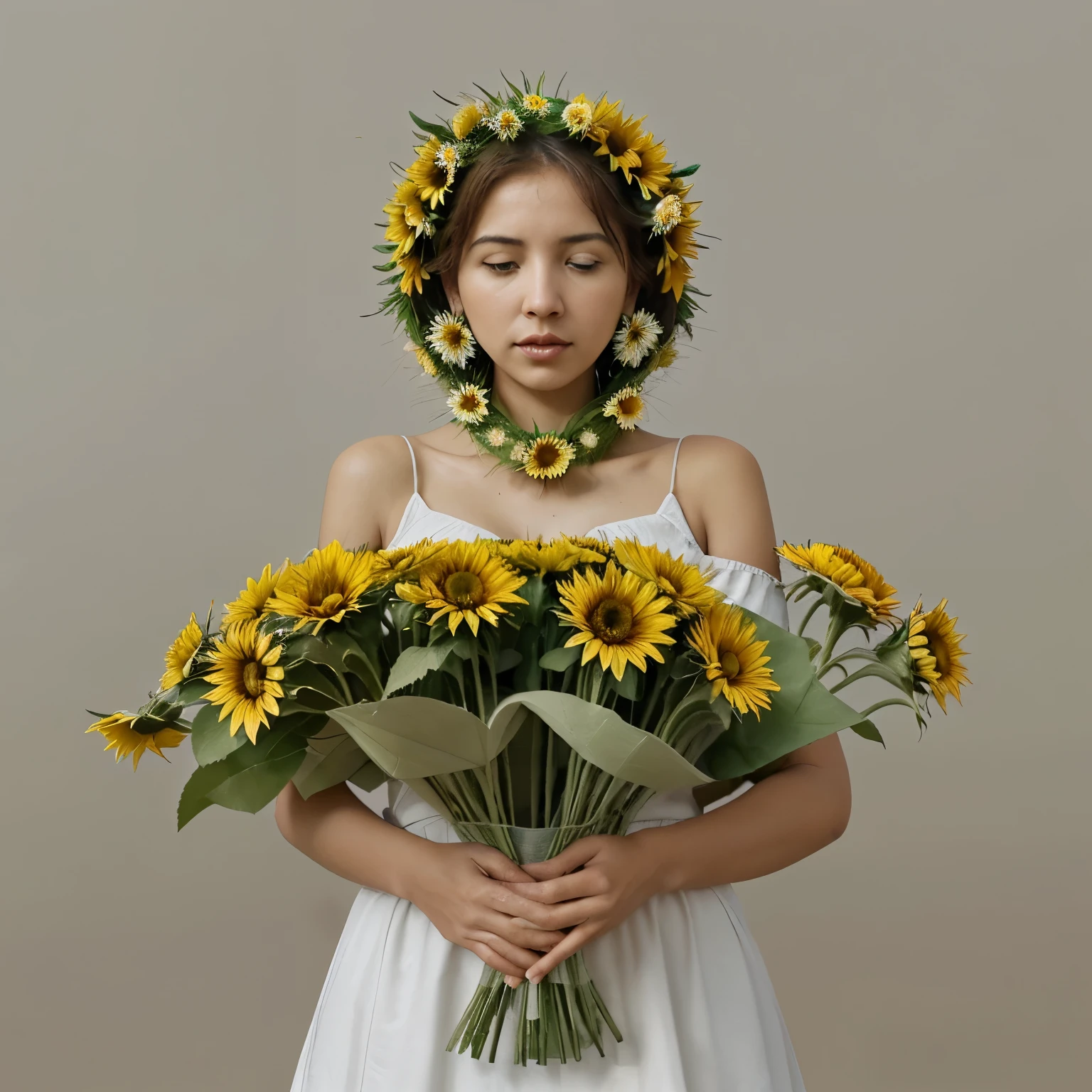 genera un ramo de 20 rosas, con girasoles y flor de nube alrrededor