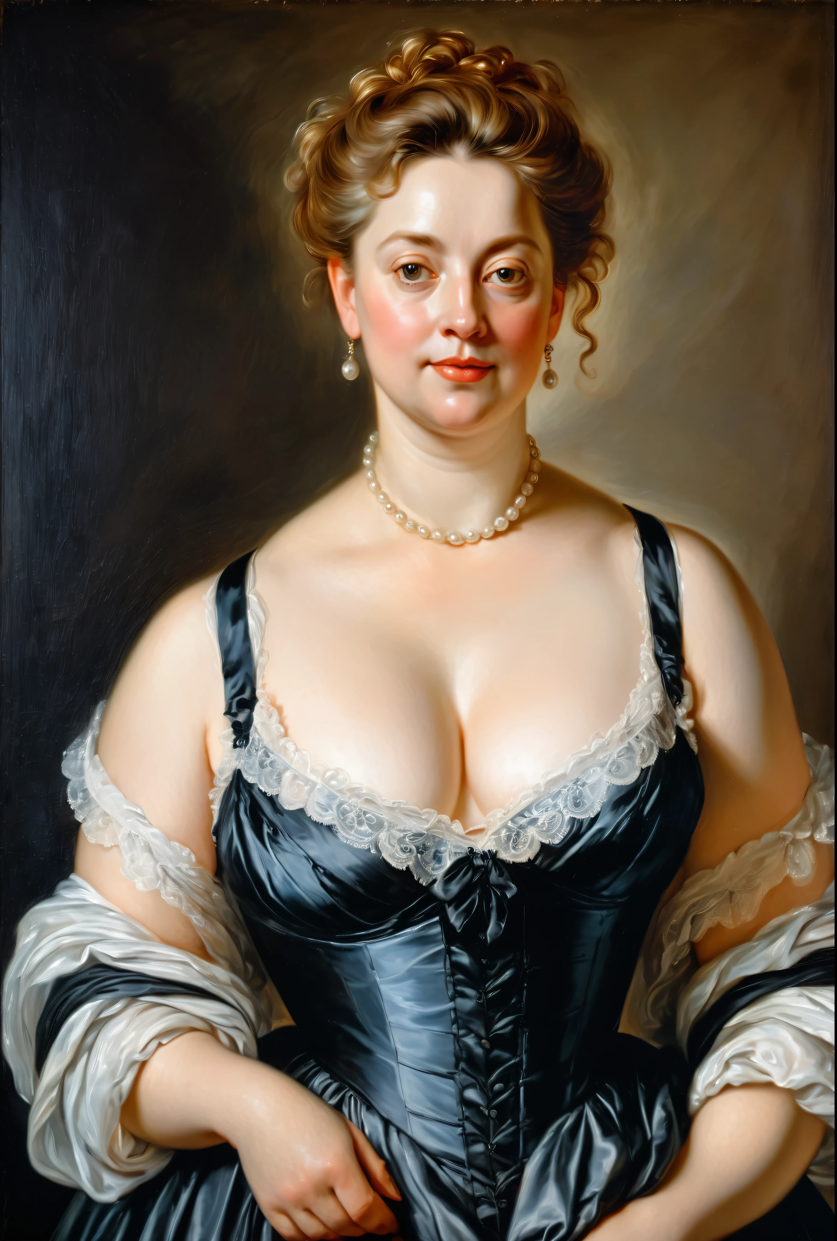 portrait painting of a thick Beautiful middle aged woman, extremely gorgeous, wearing a Victorian Camisole dress or chemise, by Peter Paul Rubens, in Peter Paul Rubens style, by Caravaggio, intricate, flawless, masterpiece, Best quality,