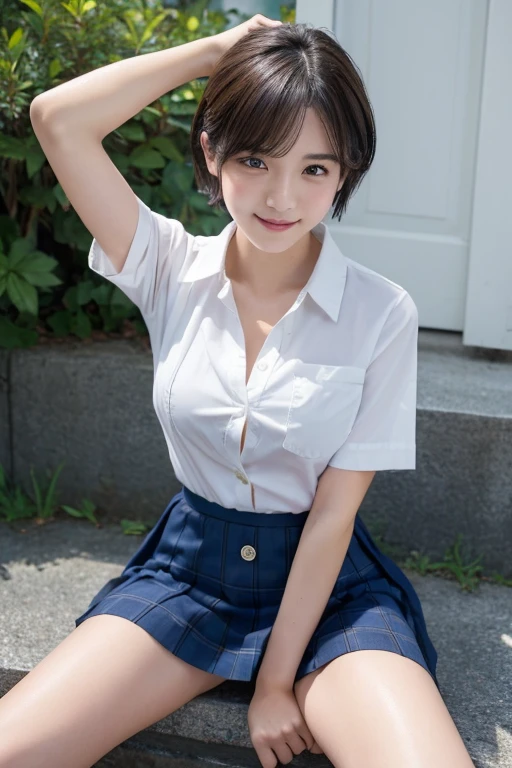 (((Please unbutton your shirt and look at your chest))),、Short Bob Cut(tits:1.3),15 year old high school girl、、((可Adorableセーラー服))、（8Kんin，highest quality），school classroom，student，class，((jk skirt))，blue Wet shirt, Wet shirt, Adorable， smile， Narrow side， Short, fine hair， 32Kin, T Masterpiece， Best image quality，Ultra-high resolution，Perfect hands，look up_in_A look at the audience，wet skin, Legs wide open, Leg spread, Look at the camera, Eye for details, Beautiful Eyes、