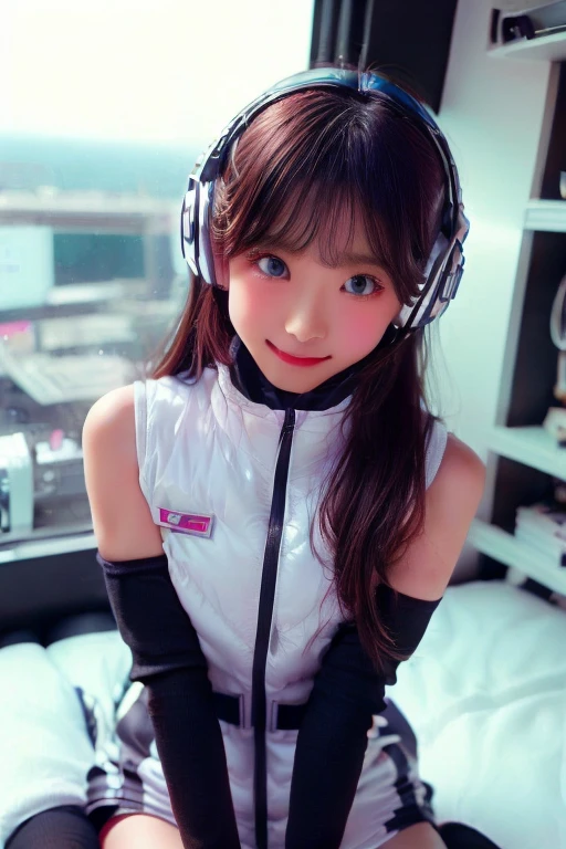 ((NSFW: 1.4)), ((Detailed face, Professional photography)), ((NSFW, zettai ryouiki, 1 girl)), Ultra-high resolution, (Realistic: 1.4), RAW Photos, highest quality, (PhotoRealistic Stick), concentrated, Soft Light, ((30 years old)), ((Japanese)), (( (Young Face))), (surface), (Depth of written boundary), masterpiece, (Realistic), woman, ,astrovest:2,headphone:2,:1.5,bangs, ((1 girl)),(black sleeves):2,(black tights):2,inside spacestation,inside spacecraft,,zero gravity,smile,open leg,show panty,blush:1.5,hidden hands,neotech