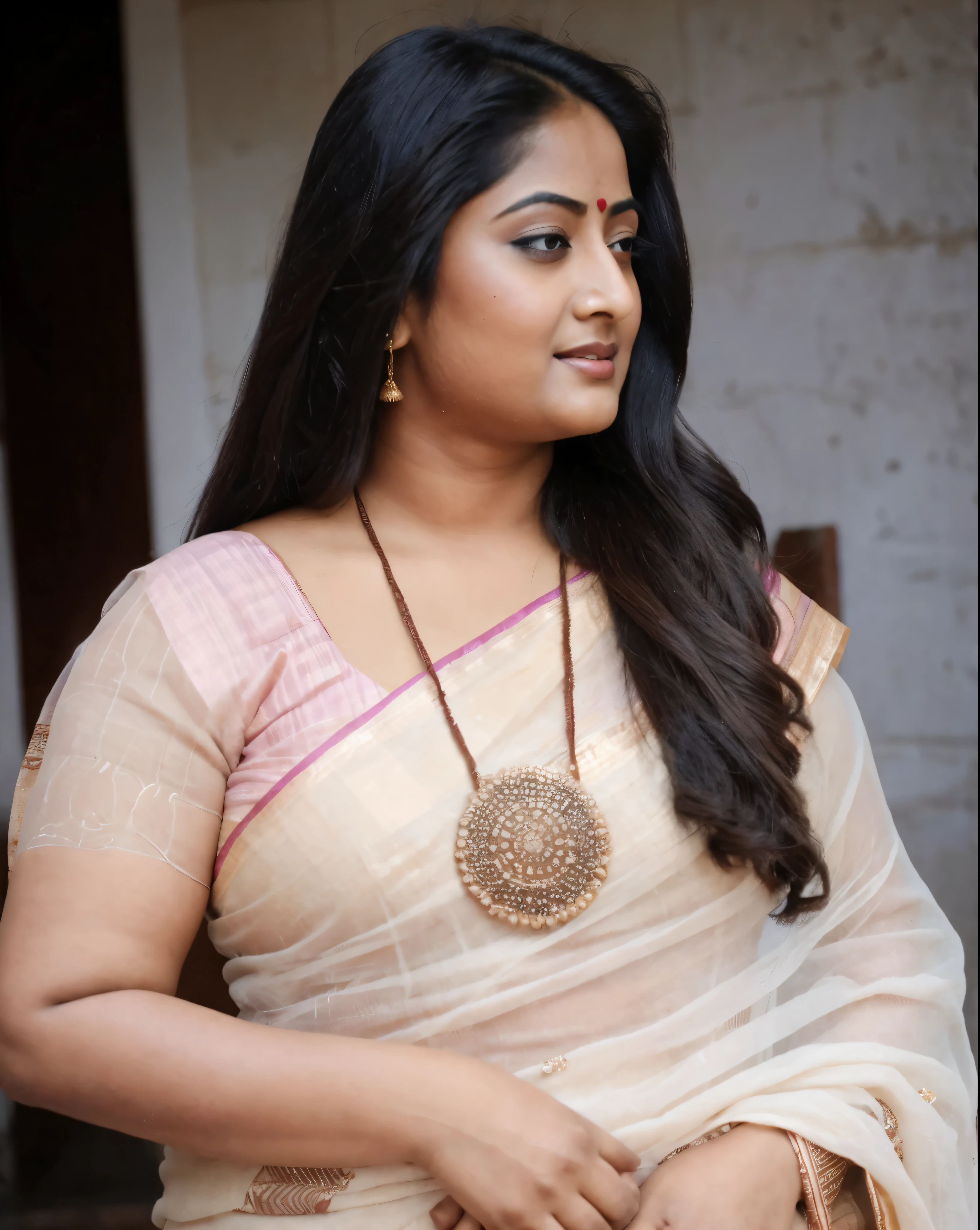 arafed woman in a pink sari, looks like Sandeepa Dhar, thick figure, curvy, traditional beauty, hindu aesthetic, assamese aesthetic, traditional makeup, indian goddess, indian girl with brown skin, wearing bihu dress mekhela sador, indian style, indian, gorgeous woman, south east asian with round face, a stunning portrait of a goddess, beautiful himalayan woman, beautymarks,
