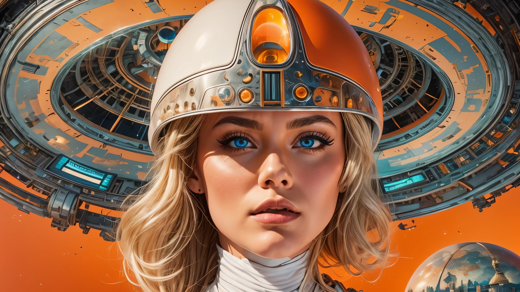 arafed image of a white woman in a futuristic suit with a spaceship in the background, movie art, in front of an orange background, inspired by Robert McGinnis, female protagonist, megastructure in the background, portrait of an ai astronaut, astronauts, an astronaut, portrait of a astronaut skeletor, perfect android girl, detailed eyes, frank franzzeta and sakimichan