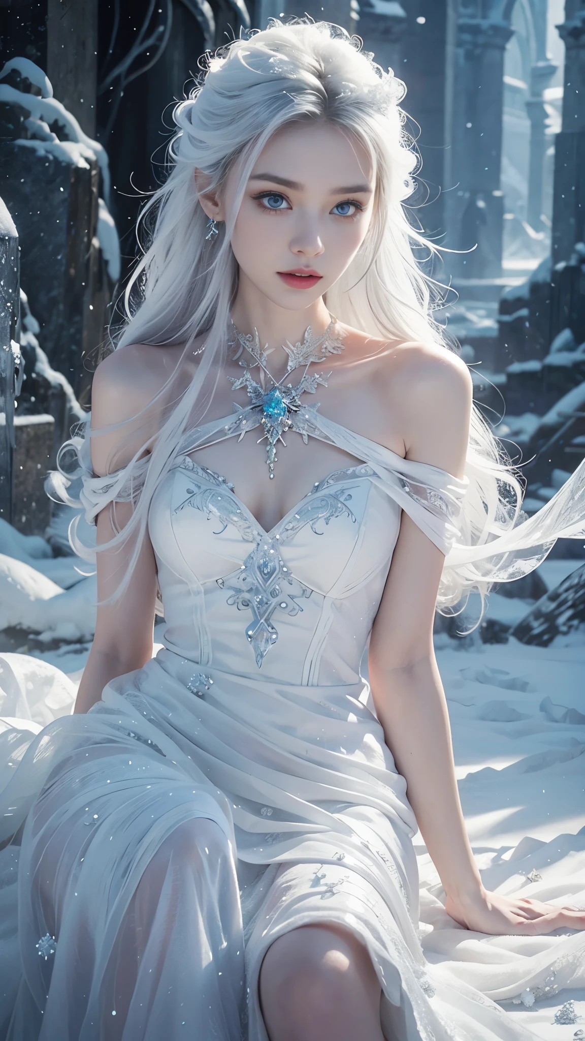 a beautiful ice goddess, good face, very long hair, realistic eyes, small breasts, ice magician, ice elemental, intricate design and details, chilling mist, cold, blizzard storm, conjuring ice spell, casting ice spell, fantasy dress, (white fantasy dress:1.5), strap:1.5, bare waist, realistic ice effect, snow particles, dark fantasy art style, ruined city, dramatic lighting, cinematic, sitting,