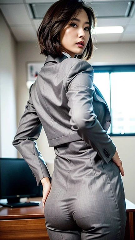 (Best quality, 8k, 32k, Masterpiece, UHD:1.2), 1girl, beautiy Japanese woman, narrow waist, grey suit, open jacket, office lady, suit, pants, from behind, office room, desk, (stick out one's buttocks:1.2), detailed face, short hair, from below, raise one leg