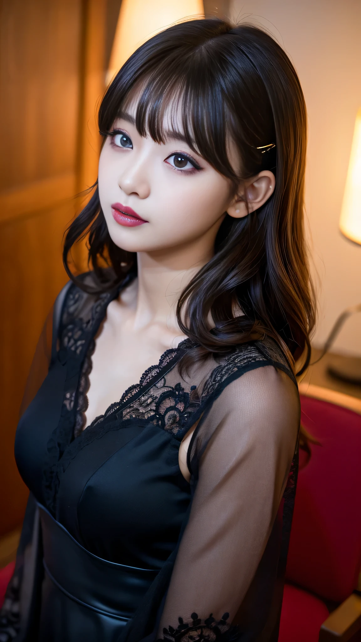 tra-detailed、Japanese、Attractive beauty、seductive adult woman、Pretty Woman、cool girl、brown hair、wavy hair、swept bangs、piercing eyes、hollow eyes、half-closed eyes、Hollow Eyes、Purple Eyeshadow、black lipstick、black lip gloss、dark makeup、smirk、Whisper in my ear、Evil expression、Long Black Cheongsam、Wide sleeves、Evil cadres、Fallen into evil、brainwash、mind control、evil、Church at night、Swear allegiance、