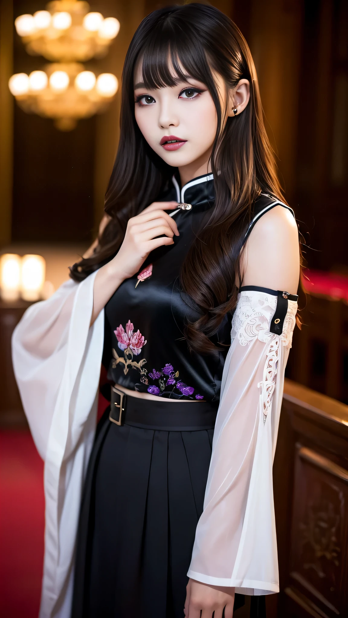 tra-detailed、Japanese、Attractive beauty、seductive adult woman、Pretty Woman、cool girl、brown hair、wavy hair、swept bangs、piercing eyes、hollow eyes、half-closed eyes、Hollow Eyes、Purple Eyeshadow、black lipstick、black lip gloss、dark makeup、smirk、Whisper in my ear、Evil expression、Long Black Cheongsam、Wide sleeves、Evil cadres、Fallen into evil、brainwash、mind control、evil、Church at night、Swear allegiance、
