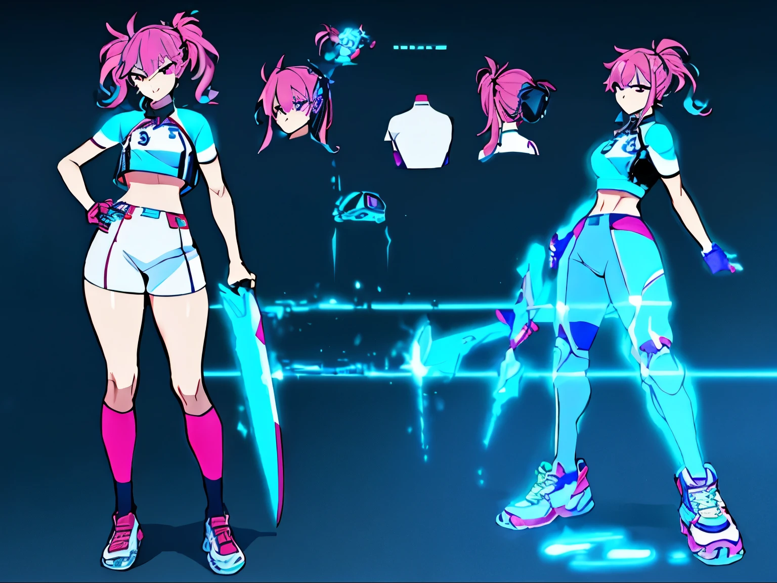 My Hero Academia style, An oc character from My Hero Academia, adoptable character, Female character with intense neon magenta hair styled in two high pigtails, medium breasts, wide hips, wide thighs, Perfect Anatomy, perfect hands, super detailed, Dressed in UA sports uniform, three-part character modeling set, full body photo:1.5, neon light powers, neon powers, neon whips, neon swords,Neon shields, neon bubble shields, neon projectiles, pink eyes, 