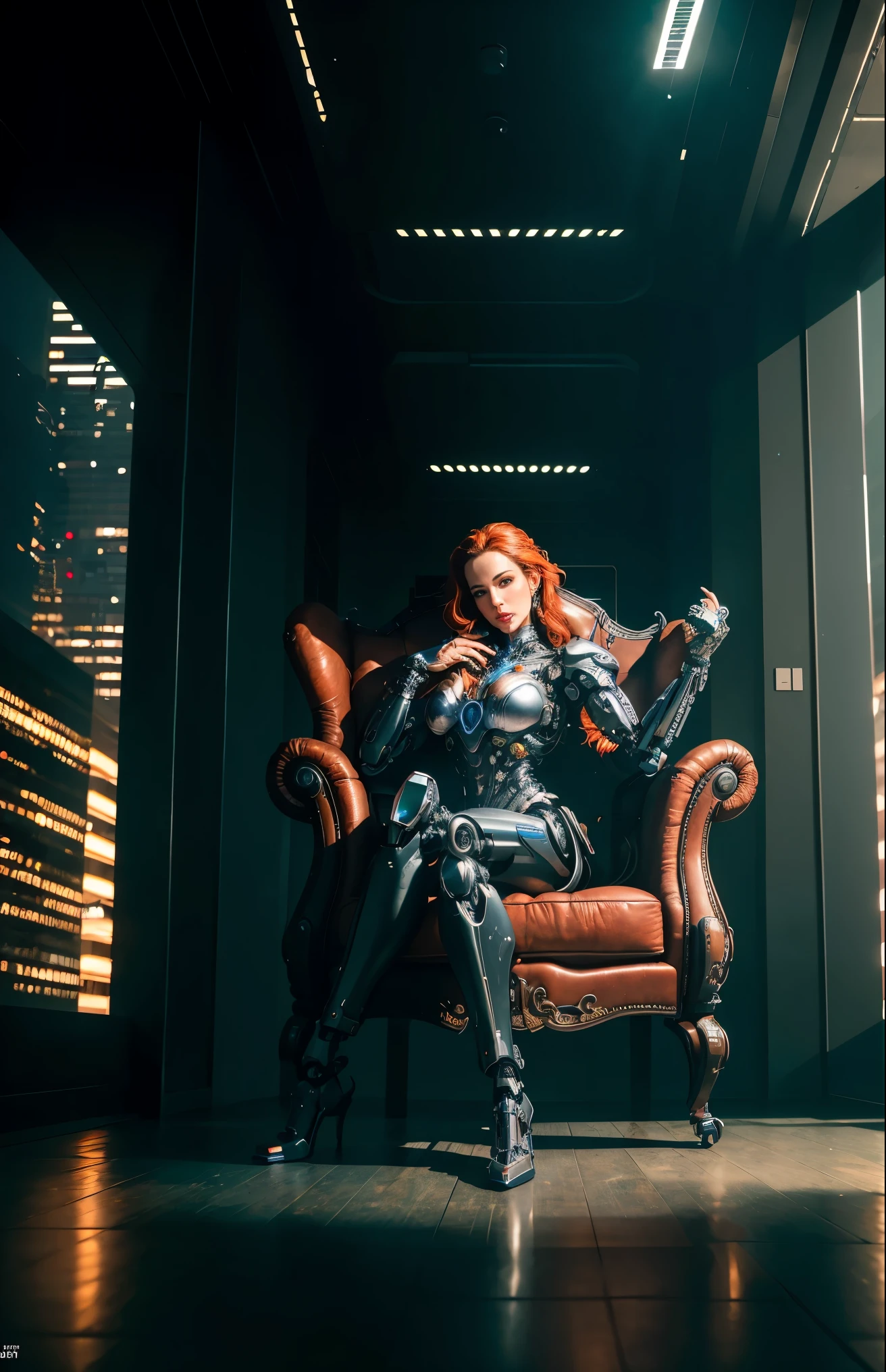 (Best quality, 4K, 8 k, A high resolution, masterpiece:1.2), absurdity, masterpiece, ultra detailed, (realistic, photorealistic, photorealistic:1.37), complex parts, HDR, (complex parts:1.12), (hyper detailed, hyper realistic, Soft lighting, spicy:1.2), beautiful figure, Magnificent Anatomy, (complex part, Hyper detailed:1.15), office in a skyscraper in a big city, female cyborg sits cross-legged in a luxurious chair