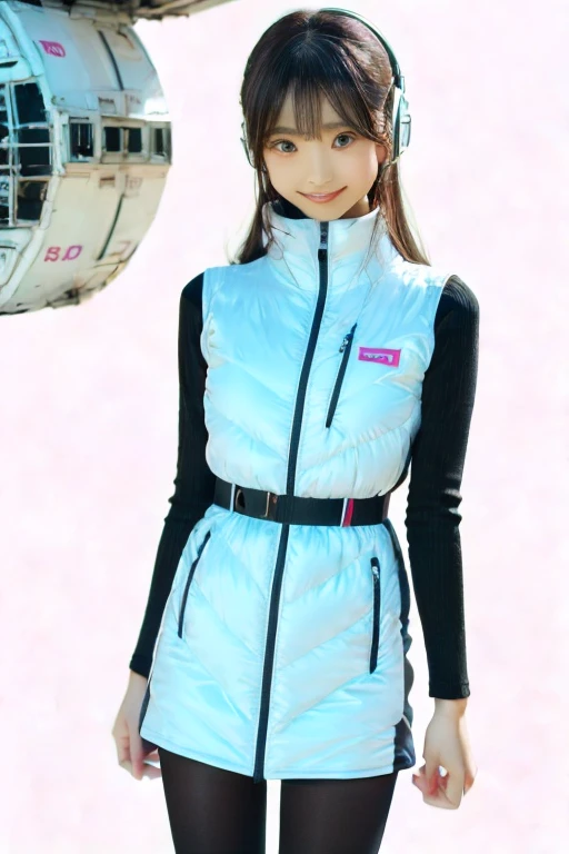 ((SFW: 1.4)), ((Detailed face, Professional photography)), ((NSFW, zettai ryouiki, 1 girl)), Ultra-high resolution, (Realistic: 1.4), RAW Photos, highest quality, (PhotoRealistic Stick), concentrated, Soft Light, ((30 years old)), ((Japanese)), (( (Young Face))), (surface), (Depth of written boundary), masterpiece, (Realistic), woman, ,astrovest,headphone:1.5,bangs, ((1 girl)),(black sleeves):2,(black tights):2,inside spacestation,zero gravity,smile,open leg,show panty,blush:1.5