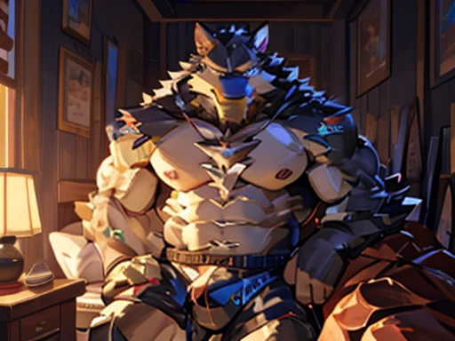 solo, male, werewolf, wolf, canine, mature, older, muscular, bulky, burly, facial hair, black beard, blushing, chest hair, stomach hair, happy trial, grey fur, body hair, fluffy body, fluffy legs, splayed legs, laying on back, looking at viewer, facing viewer, boxers only, tight boxers, big bulge, bedroom, by mystikfox61, by darkgem, by glitter trap boy, by bebebebebe